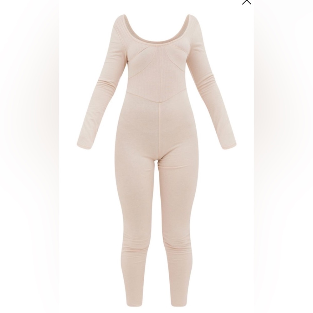 Stone Contrast Rib Panel Long Sleeve Jumpsuit - Picture 4 of 6